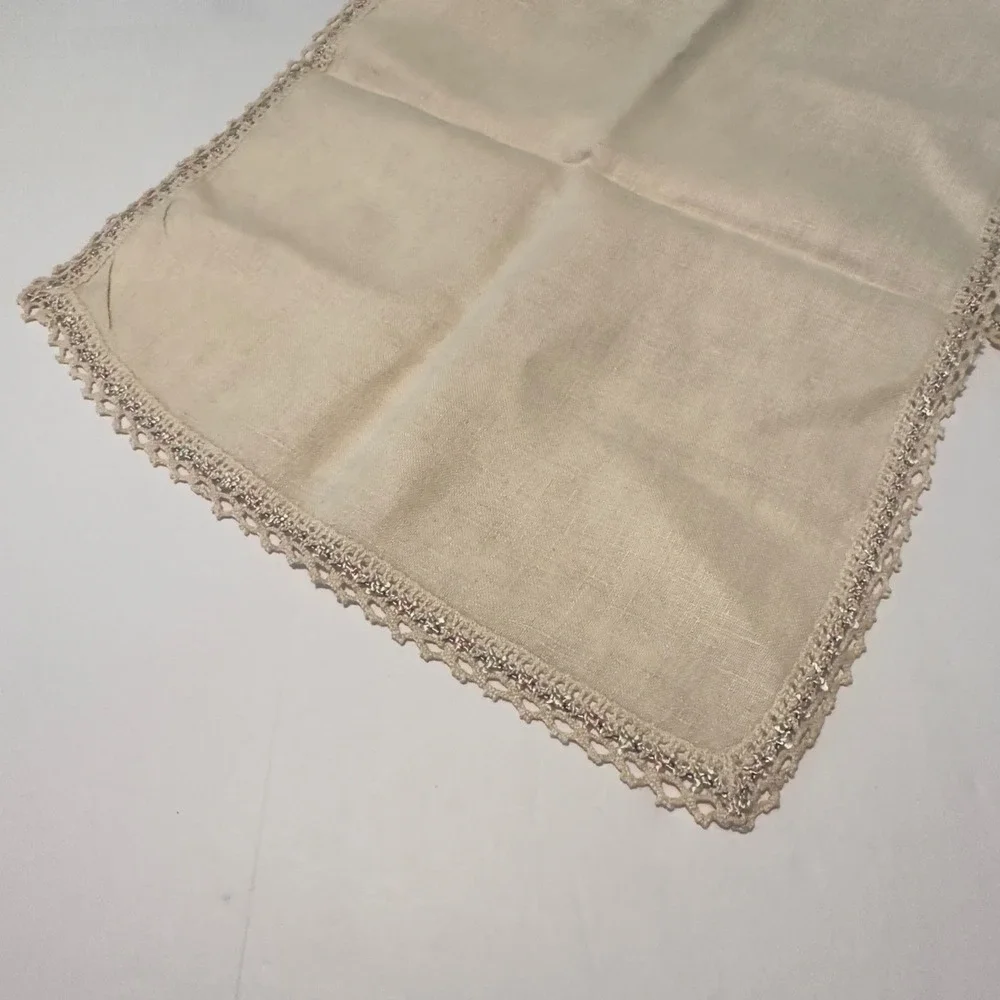 Vintage Linen Table Runner Cream Crochet Lace Trim Pastel Embroidered 44x17